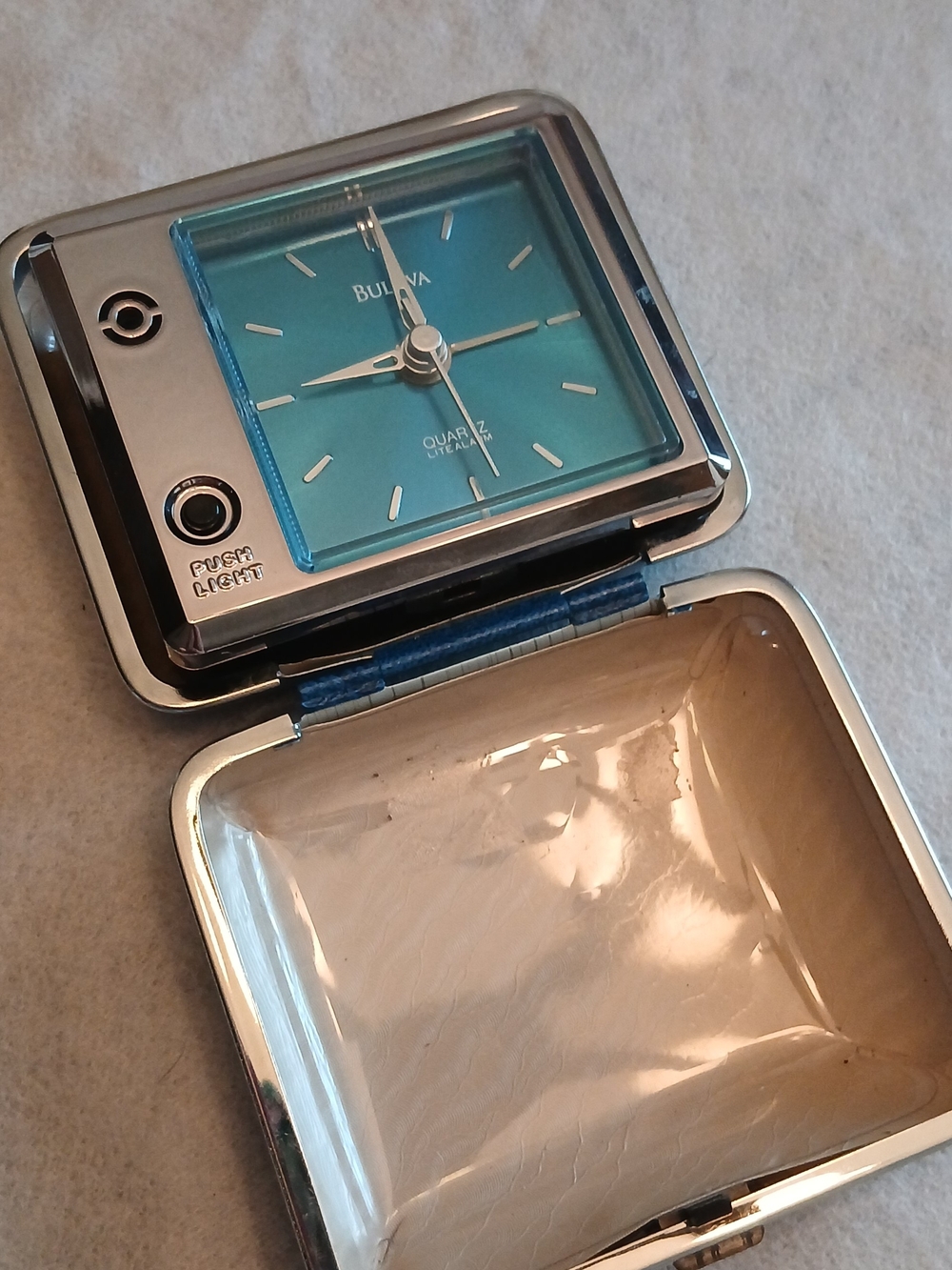 Bulova Teal Travel Alarm Clock - Compact Folding Design